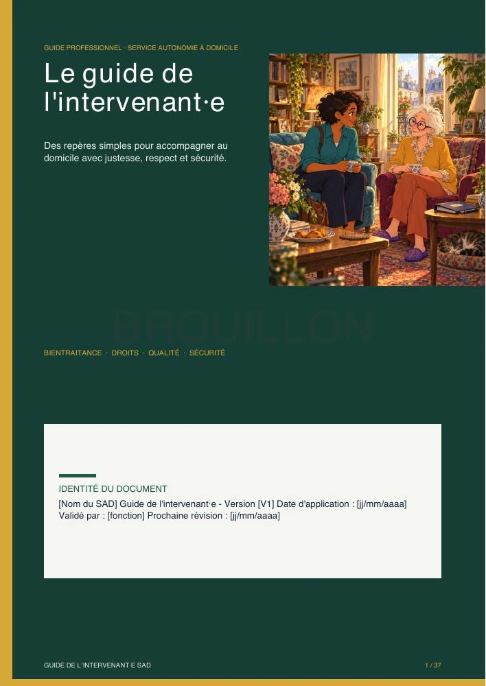 Couverture réelle du guide de l’intervenant·e, illustrée par une professionnelle et une personne âgée à domicile.
